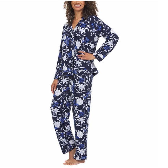 Flora Nikrooz Ladies Notch collar 2 piece Pajama Set, Blue Floral (XXL) - Picture 2 of 7